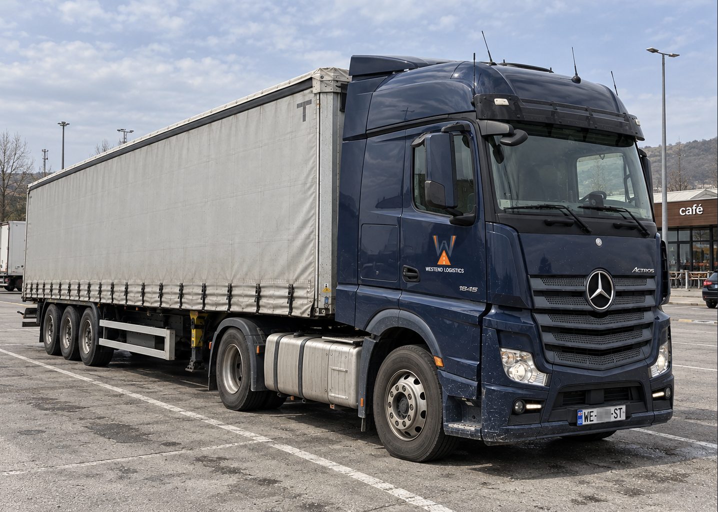 Mercedes-Benz Actros 1845, тягач + шторный полуприцеп, грузовик Westend Logistics на грузинских номерах